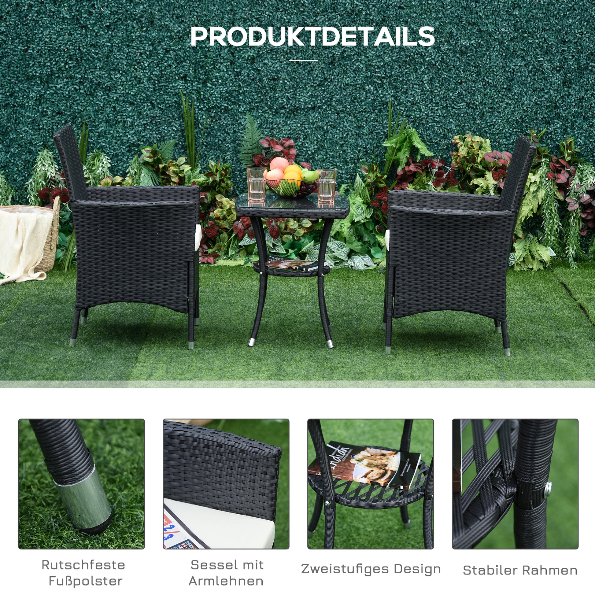 Poly Rattan Garden Furniture Set, Outdoor Lounge Balcony Furniture for 2 Persons, 3-Piece Seating Group, 2 Chairs, Table Seat Cushions, Garden Lounge for Garden, Terrace, Balcony, Black