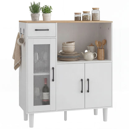Sideboard Cabinet with Drawer, 2 Doors & Open Shelf, Ribbed Acrylic Door – White & Oak, 31.5 x 13.4 x 35.8 in