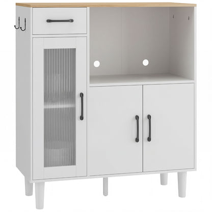 Sideboard Cabinet with Drawer, 2 Doors & Open Shelf, Ribbed Acrylic Door – White & Oak, 31.5 x 13.4 x 35.8 in