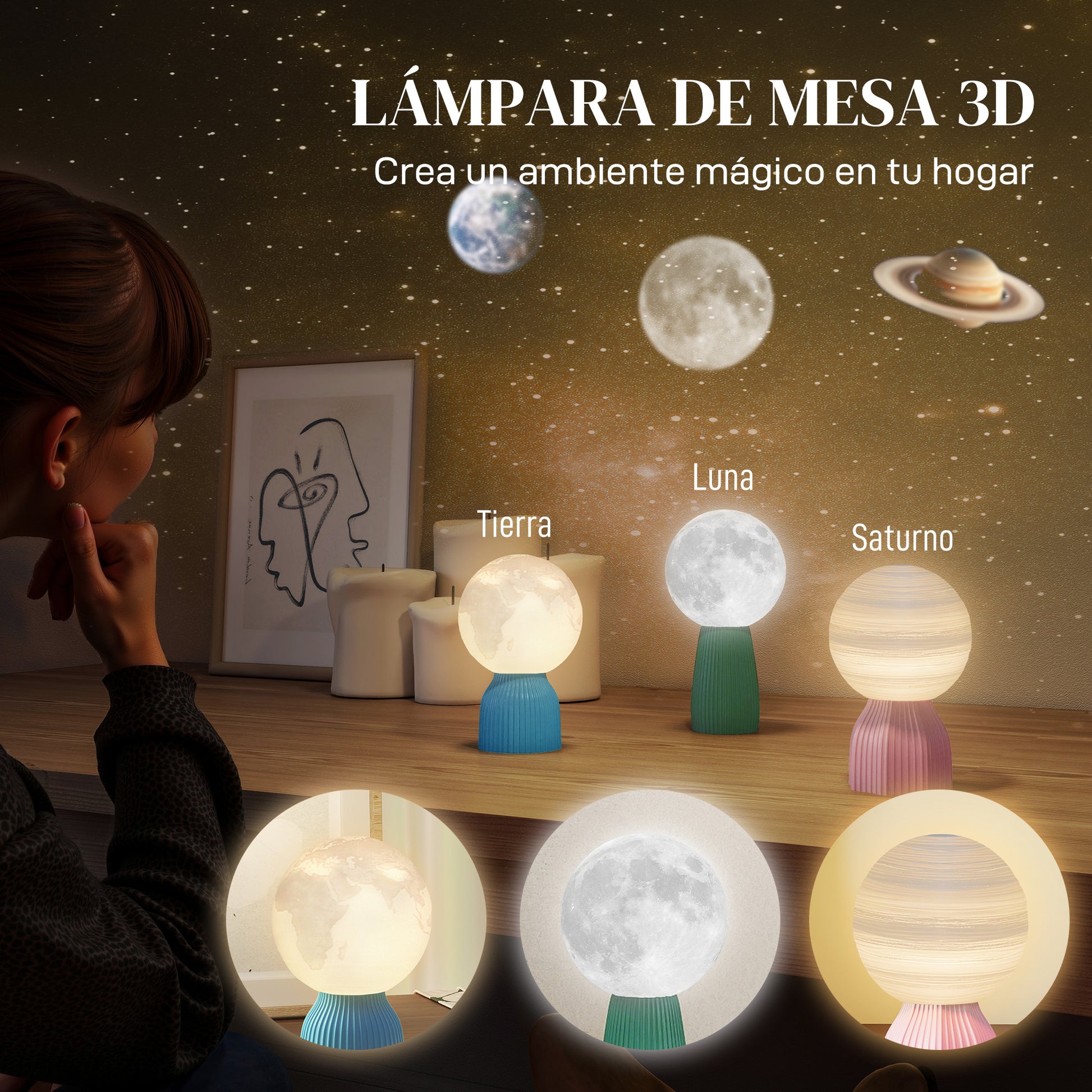 Set of 3 3D Nightstand Lamps Table Lamps with 3 Colors Adjustable Brightness in 10 Levels USB Connection for Home Office Bedroom White