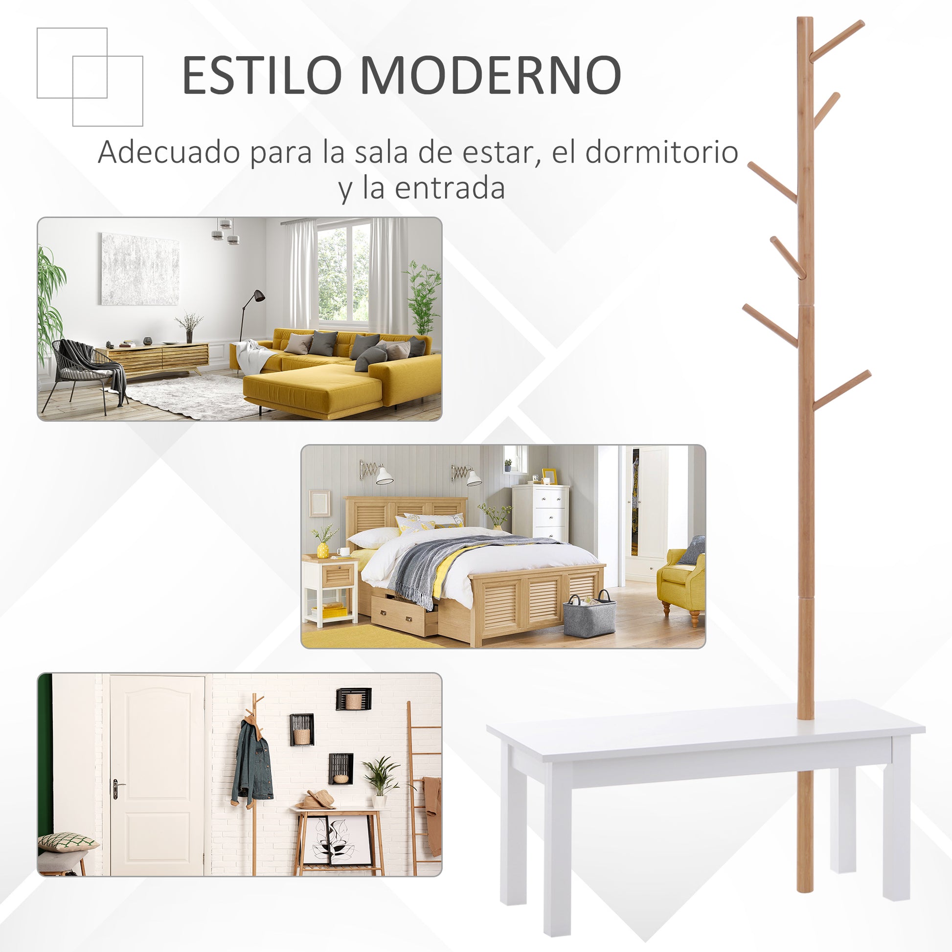 Tree-Shaped Coat Rack with Bench Modern 6 Hooks for Hanging Clothes Bag Hallway Entrance Bamboo and MDF 80x30x180cm