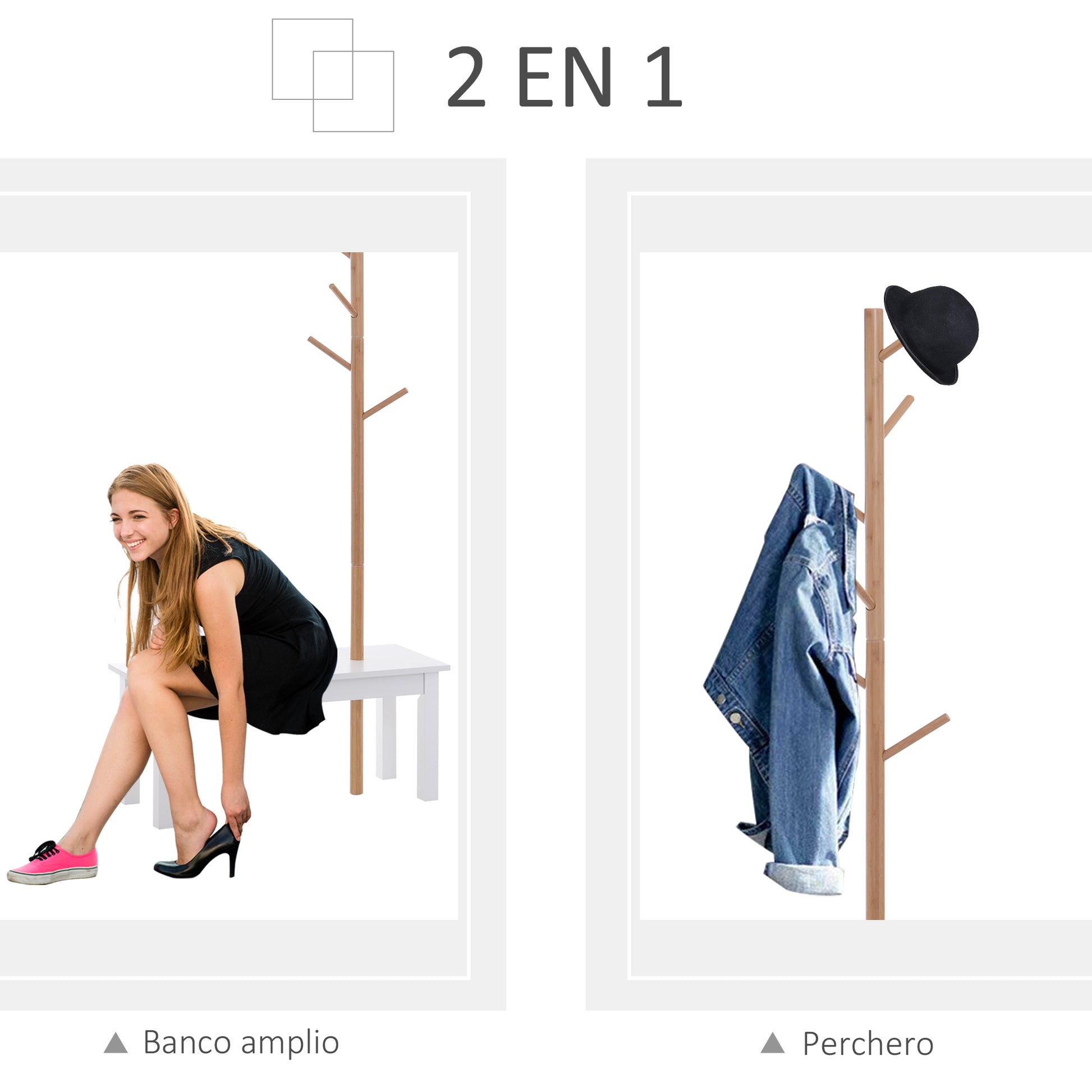 Tree-Shaped Coat Rack with Bench Modern 6 Hooks for Hanging Clothes Bag Hallway Entrance Bamboo and MDF 80x30x180cm