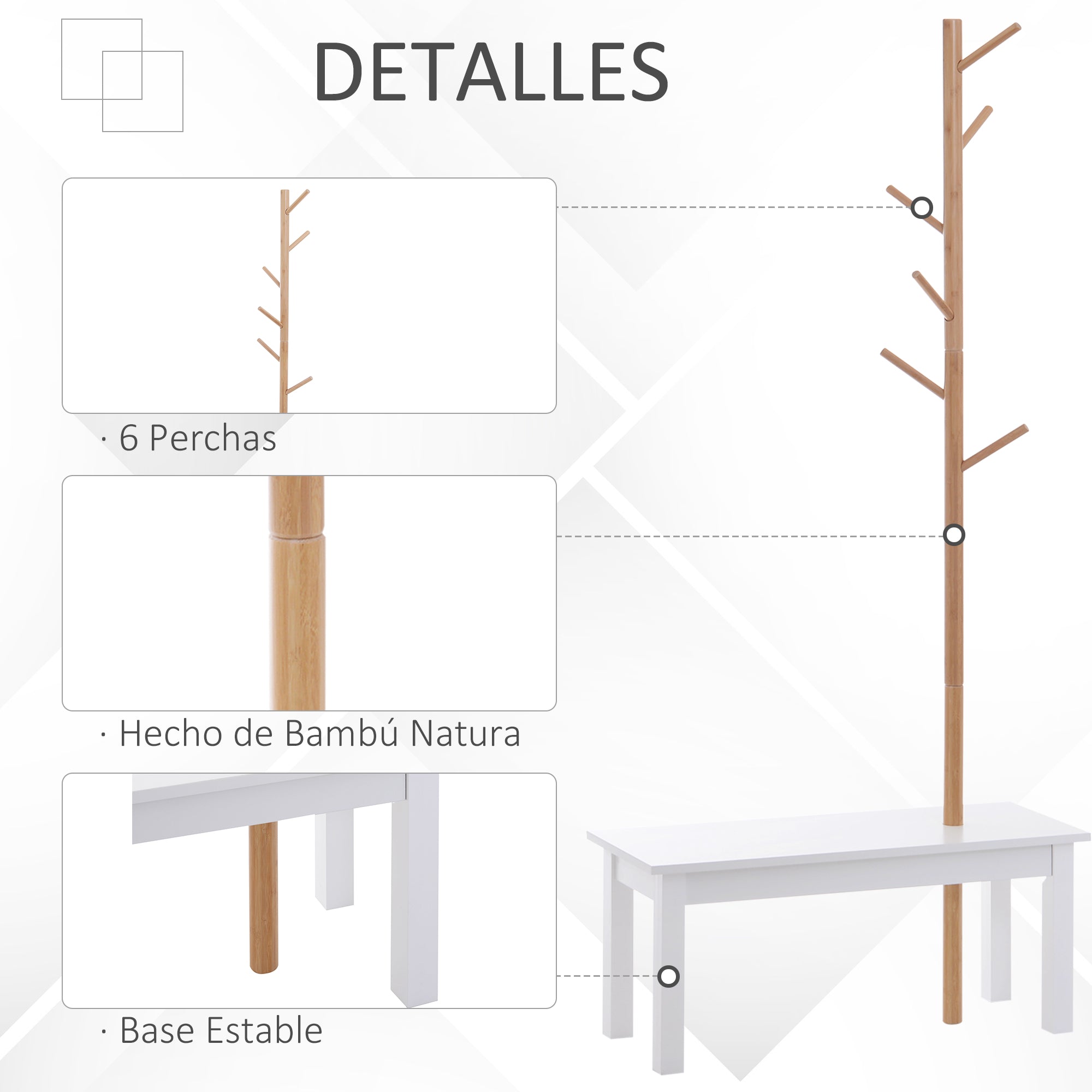 Tree-Shaped Coat Rack with Bench Modern 6 Hooks for Hanging Clothes Bag Hallway Entrance Bamboo and MDF 80x30x180cm