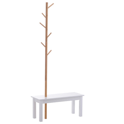 Tree-Shaped Coat Rack with Bench Modern 6 Hooks for Hanging Clothes Bag Hallway Entrance Bamboo and MDF 80x30x180cm