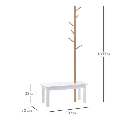 Tree-Shaped Coat Rack with Bench Modern 6 Hooks for Hanging Clothes Bag Hallway Entrance Bamboo and MDF 80x30x180cm