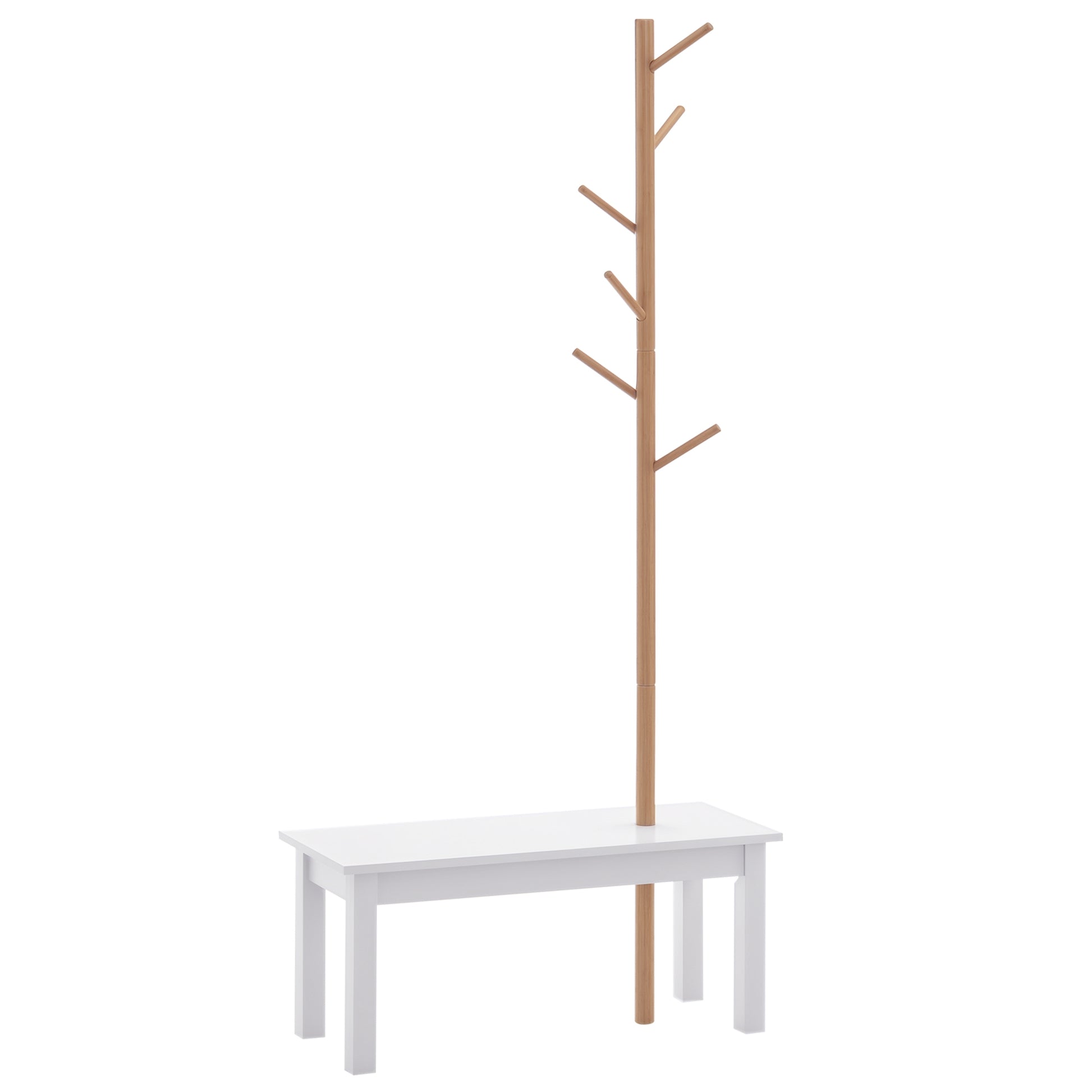Tree-Shaped Coat Rack with Bench Modern 6 Hooks for Hanging Clothes Bag Hallway Entrance Bamboo and MDF 80x30x180cm