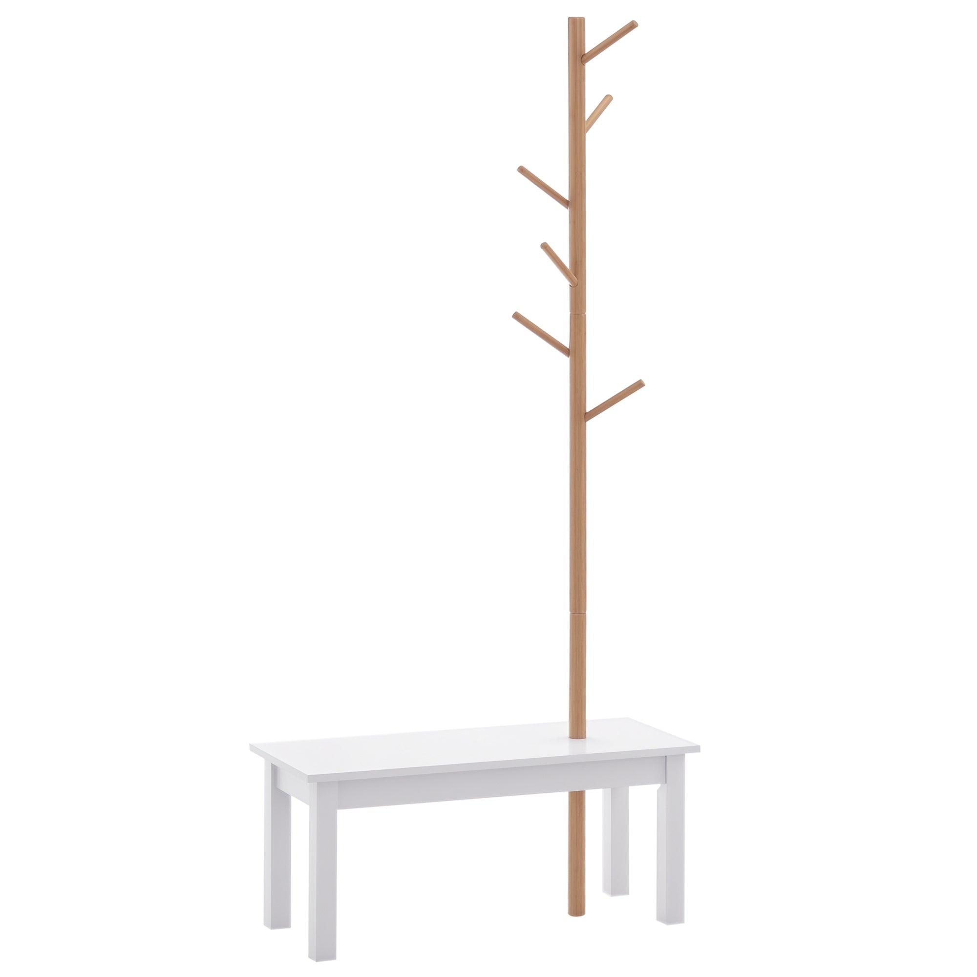 Tree-Shaped Coat Rack with Bench Modern 6 Hooks for Hanging Clothes Bag Hallway Entrance Bamboo and MDF 80x30x180cm