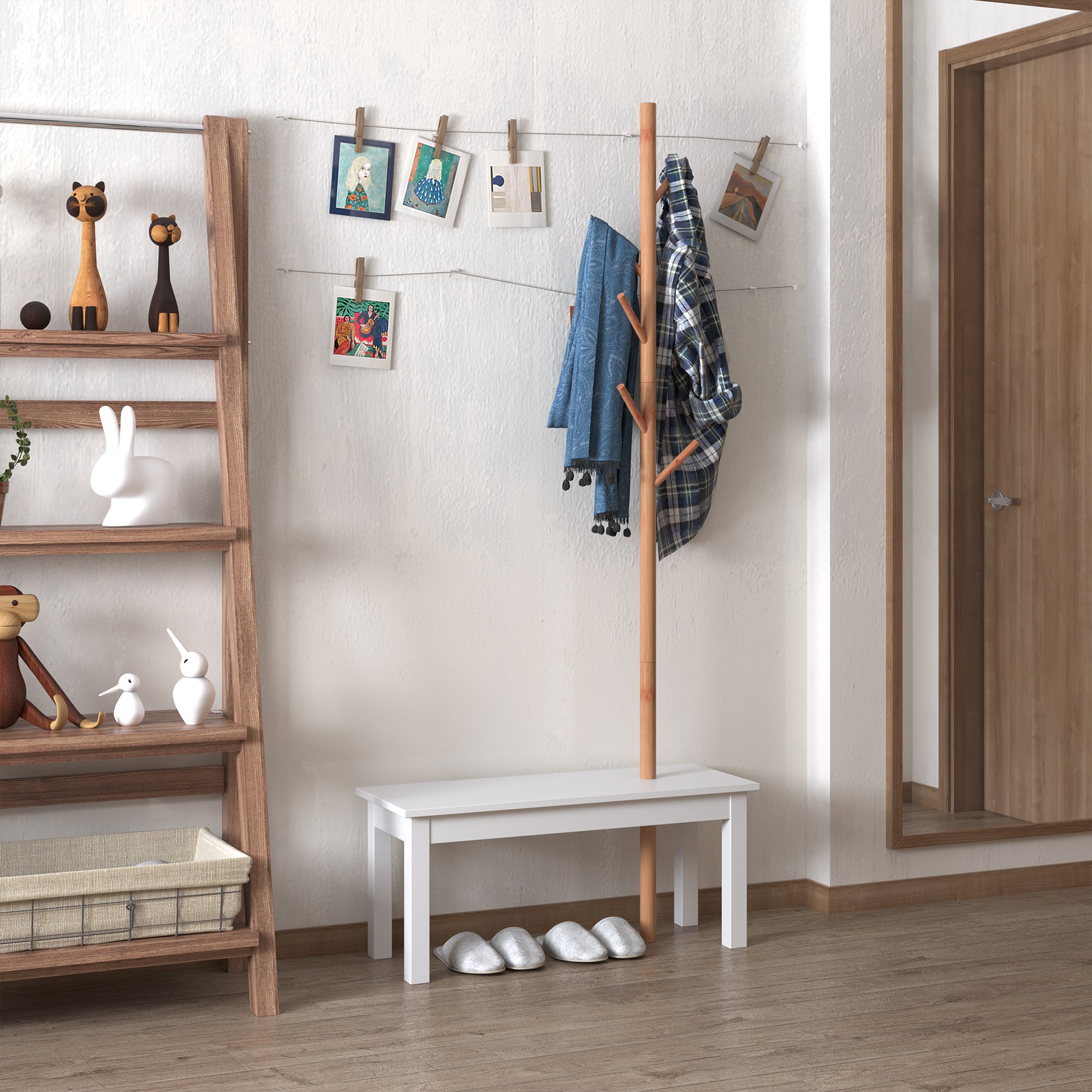 Tree-Shaped Coat Rack with Bench Modern 6 Hooks for Hanging Clothes Bag Hallway Entrance Bamboo and MDF 80x30x180cm