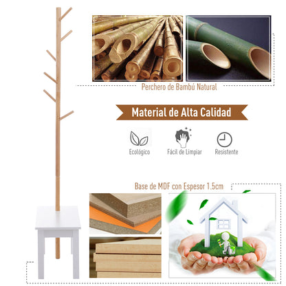 Tree-Shaped Coat Rack with Bench Modern 6 Hooks for Hanging Clothes Bag Hallway Entrance Bamboo and MDF 80x30x180cm