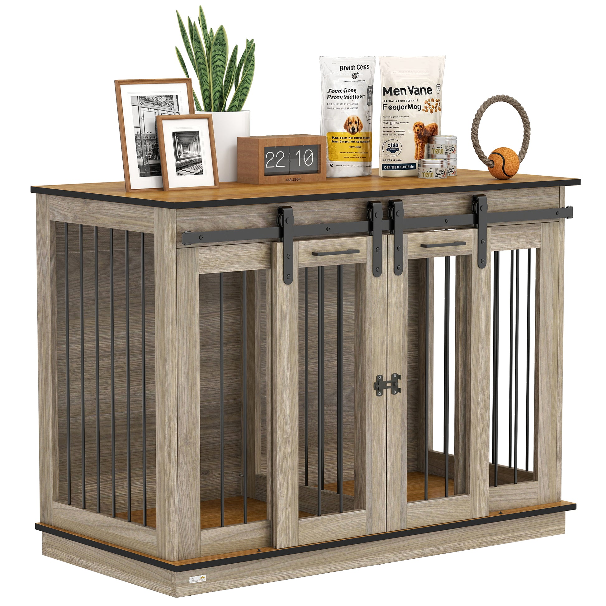Dog Crate Furniture with Two-Room Option, 2 Doors Modern Metal Dog Crate for Indoor Home, Indoor Dog House for Large Dogs up to 30 kg, 120 x 60 x 88.5 cm Oak