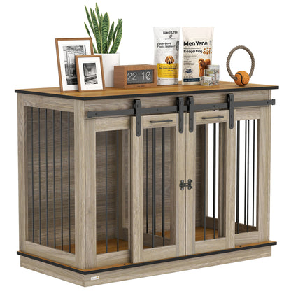 Dog Crate Furniture with Two-Room Option, 2 Doors Modern Metal Dog Crate for Indoor Home, Indoor Dog House for Large Dogs up to 30 kg, 120 x 60 x 88.5 cm Oak