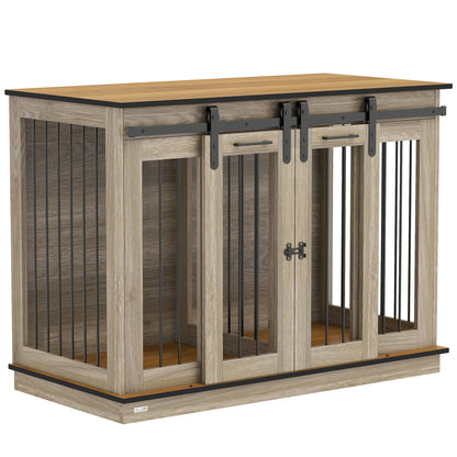 Dog Crate Furniture with Two-Room Option, 2 Doors Modern Metal Dog Crate for Indoor Home, Indoor Dog House for Large Dogs up to 30 kg, 120 x 60 x 88.5 cm Oak