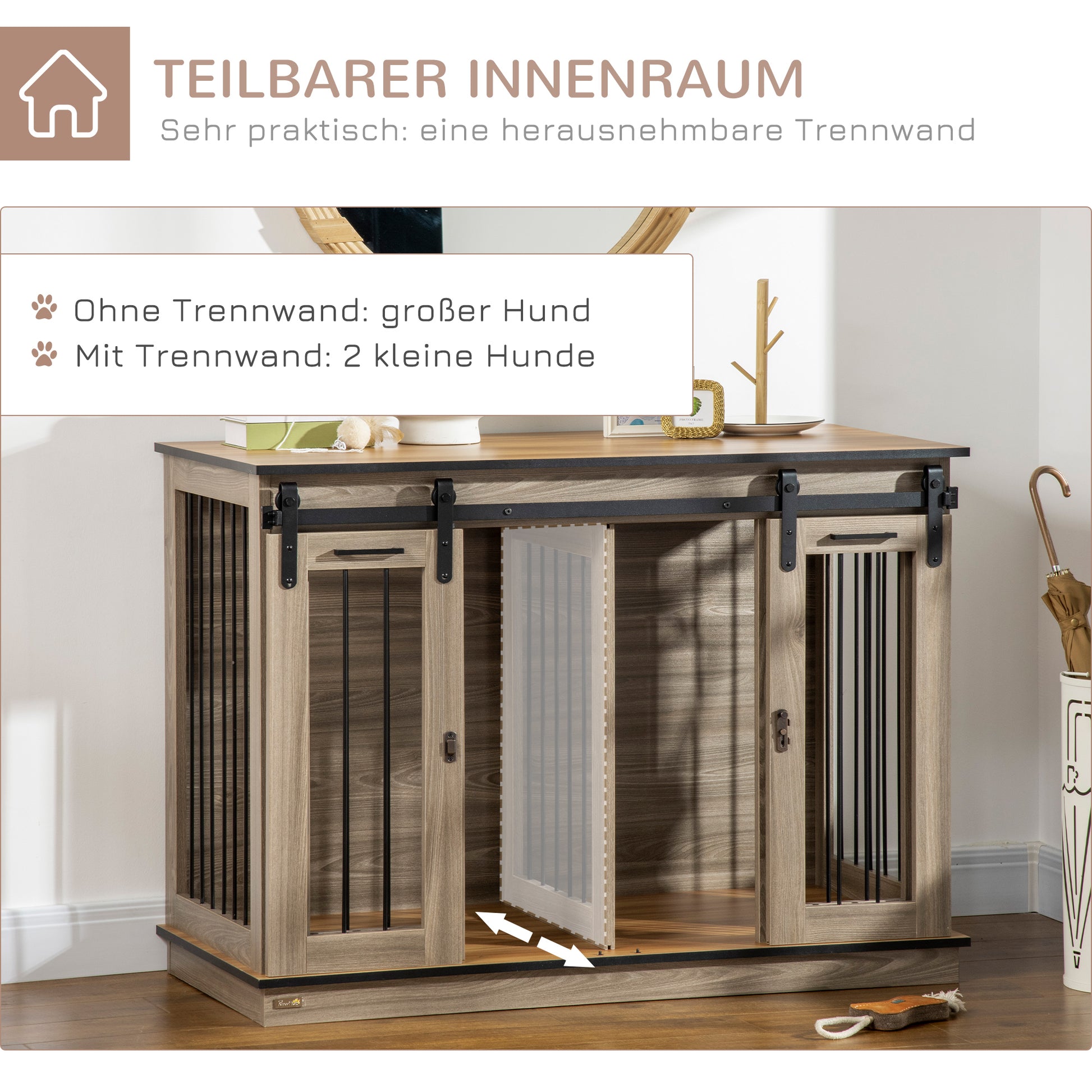 Dog Crate Furniture with Two-Room Option, 2 Doors Modern Metal Dog Crate for Indoor Home, Indoor Dog House for Large Dogs up to 30 kg, 120 x 60 x 88.5 cm Oak