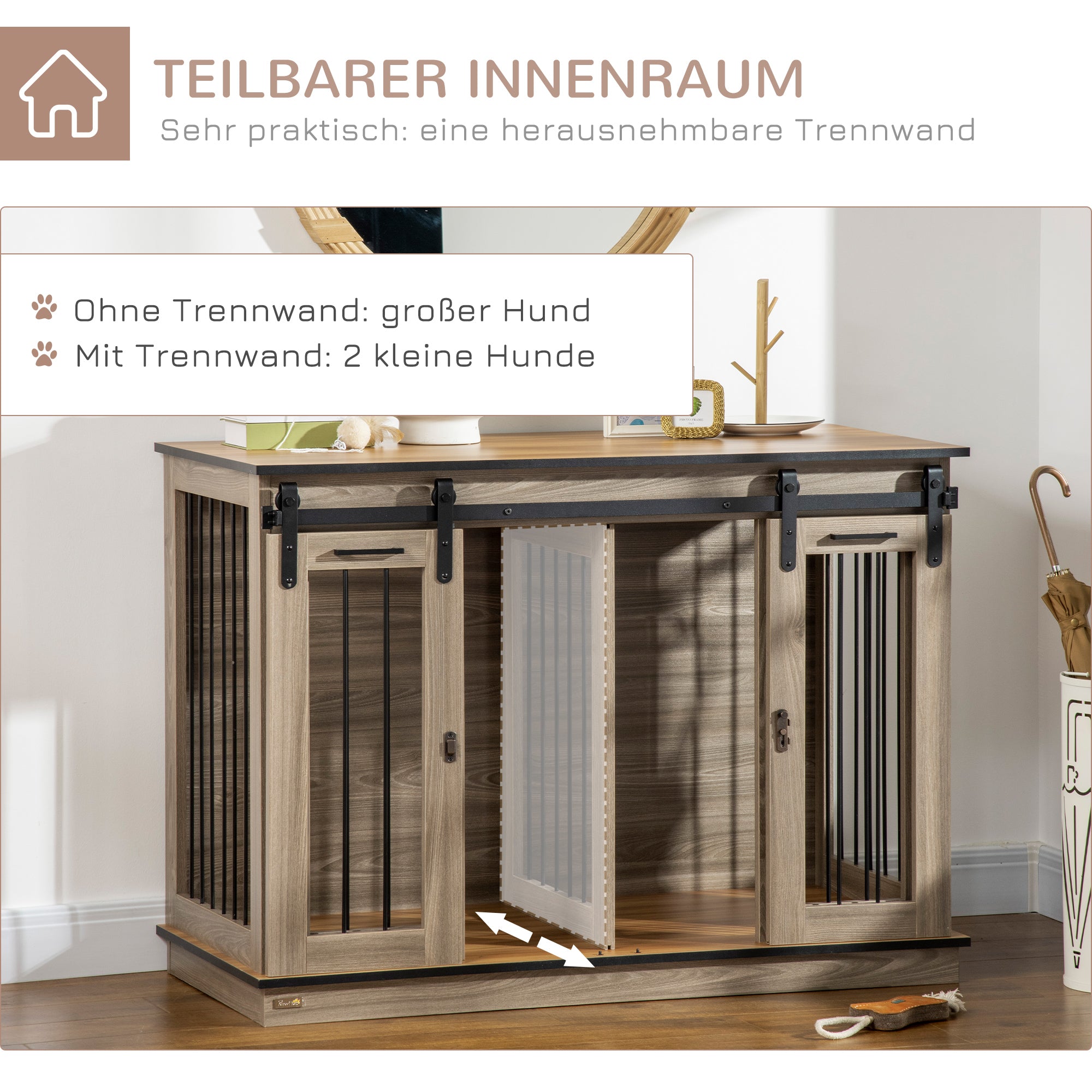 Dog Crate Furniture with Two-Room Option, 2 Doors Modern Metal Dog Crate for Indoor Home, Indoor Dog House for Large Dogs up to 30 kg, 120 x 60 x 88.5 cm Oak