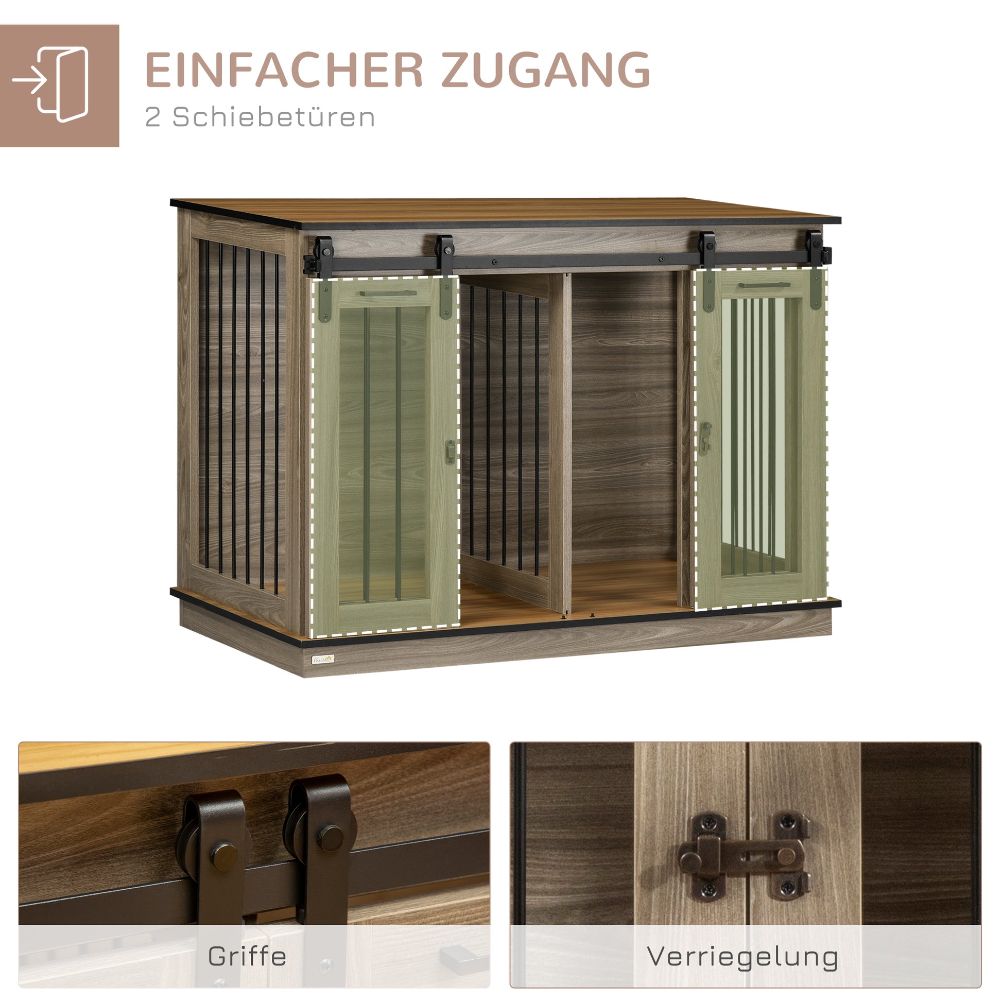 Dog Crate Furniture with Two-Room Option, 2 Doors Modern Metal Dog Crate for Indoor Home, Indoor Dog House for Large Dogs up to 30 kg, 120 x 60 x 88.5 cm Oak
