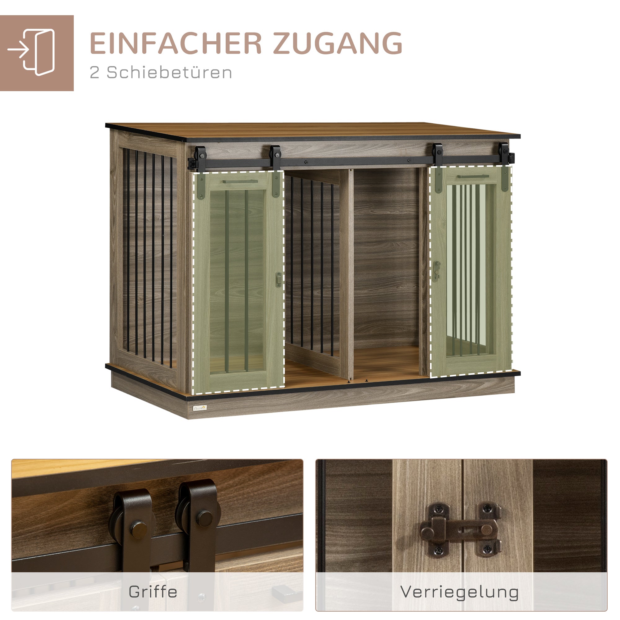 Dog Crate Furniture with Two-Room Option, 2 Doors Modern Metal Dog Crate for Indoor Home, Indoor Dog House for Large Dogs up to 30 kg, 120 x 60 x 88.5 cm Oak