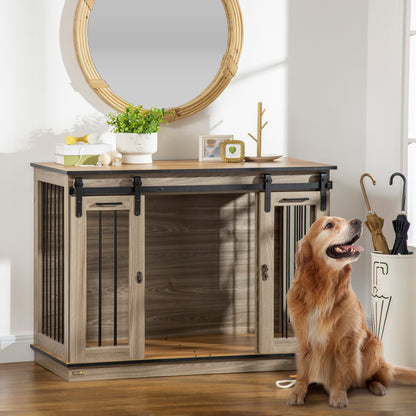 Dog Crate Furniture with Two-Room Option, 2 Doors Modern Metal Dog Crate for Indoor Home, Indoor Dog House for Large Dogs up to 30 kg, 120 x 60 x 88.5 cm Oak