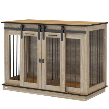 Dog Crate Furniture with Two-Room Option, 2 Doors Modern Metal Dog Crate for Indoor Home, Indoor Dog House for Large Dogs up to 30 kg, 120 x 60 x 88.5 cm Oak