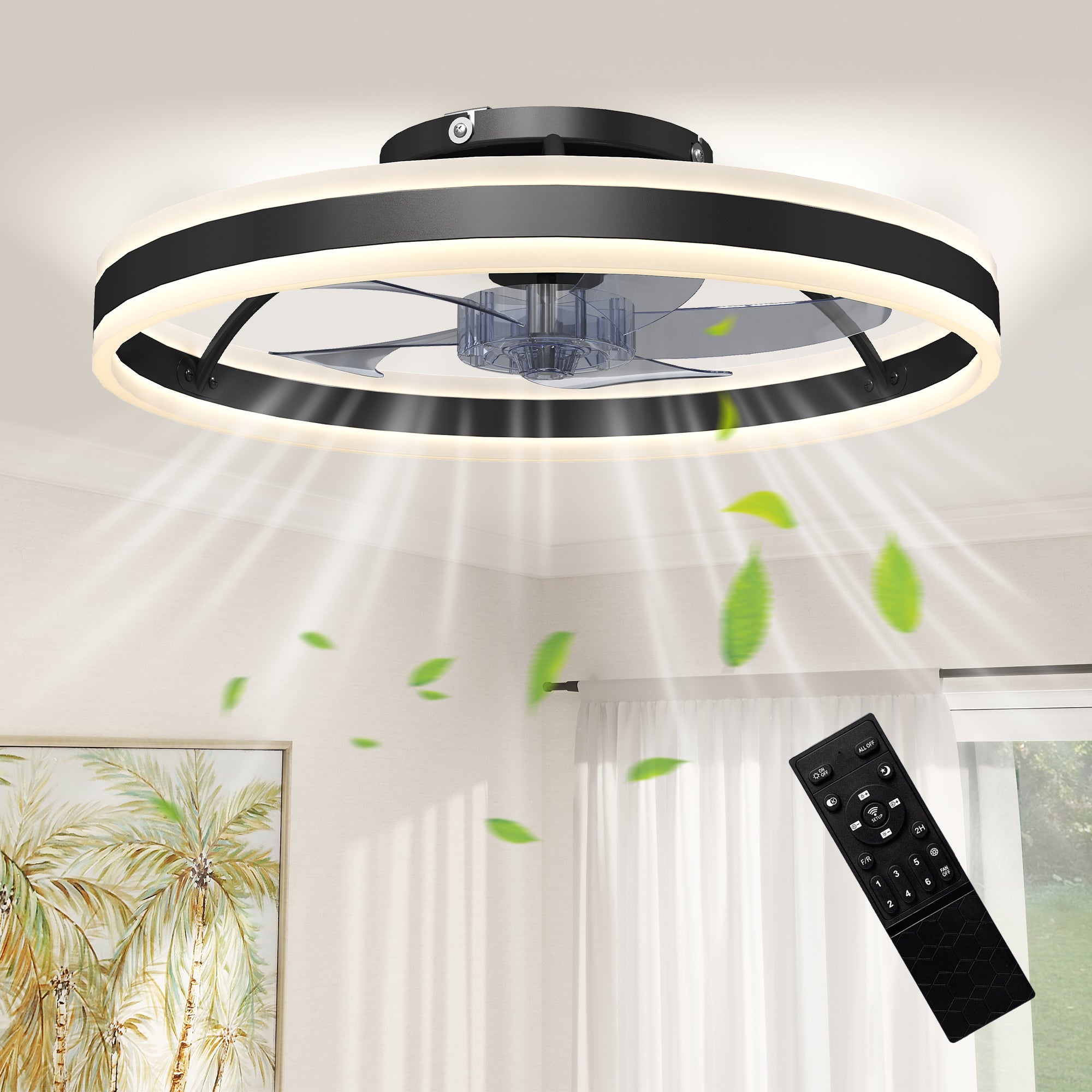 45W LED Ceiling Fan with Light, Reversible DC Motor, Quiet Remote-Controlled, 6 Speeds, 3 Color Temps, Timer, Ø20 in, Black