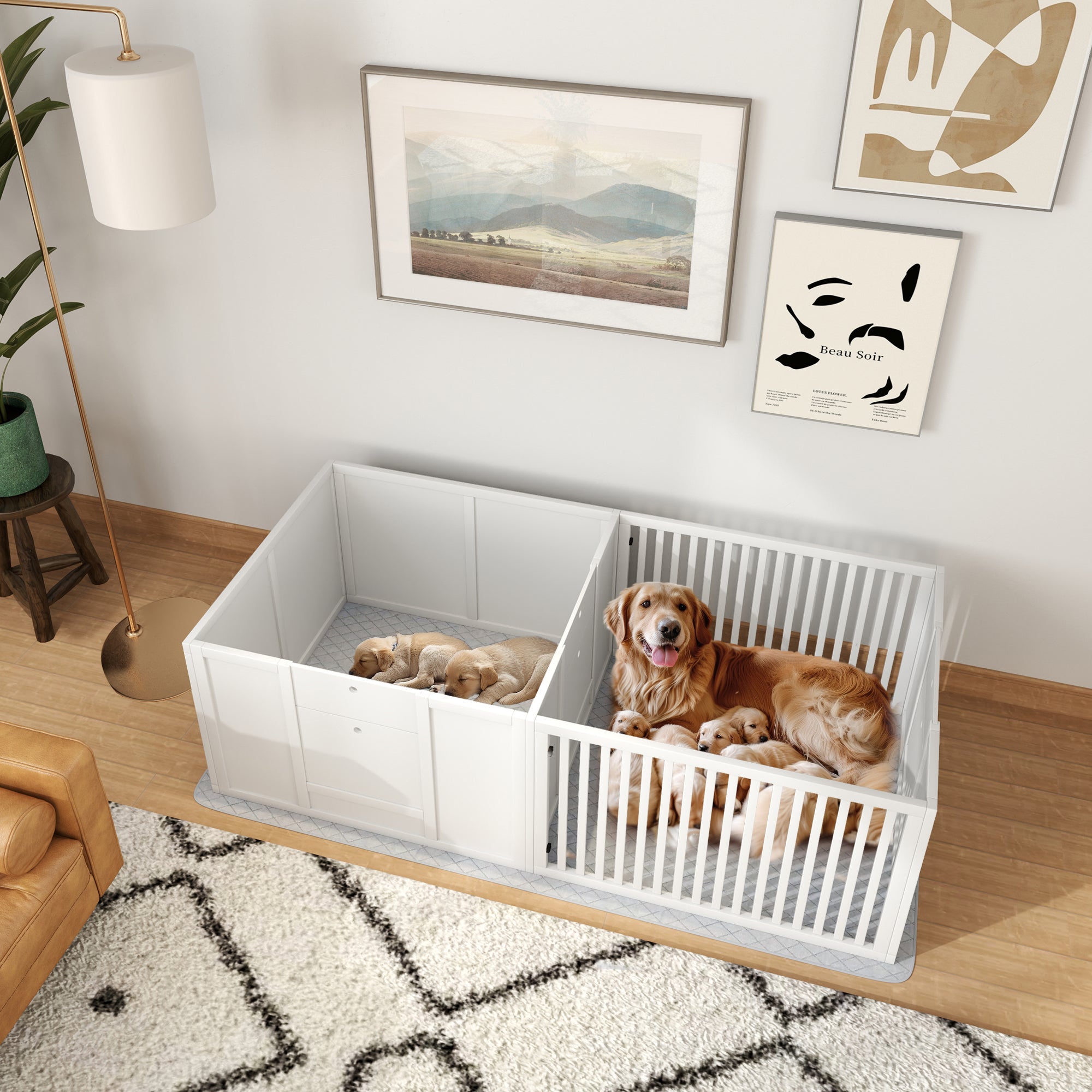 Puppy Whelping Box with Waterproof Bottom Mat, Dog Playpen with Door, Puppy Welping Box, Puppy Playpen for Small to Large Dogs, 160x80x50 cm, White