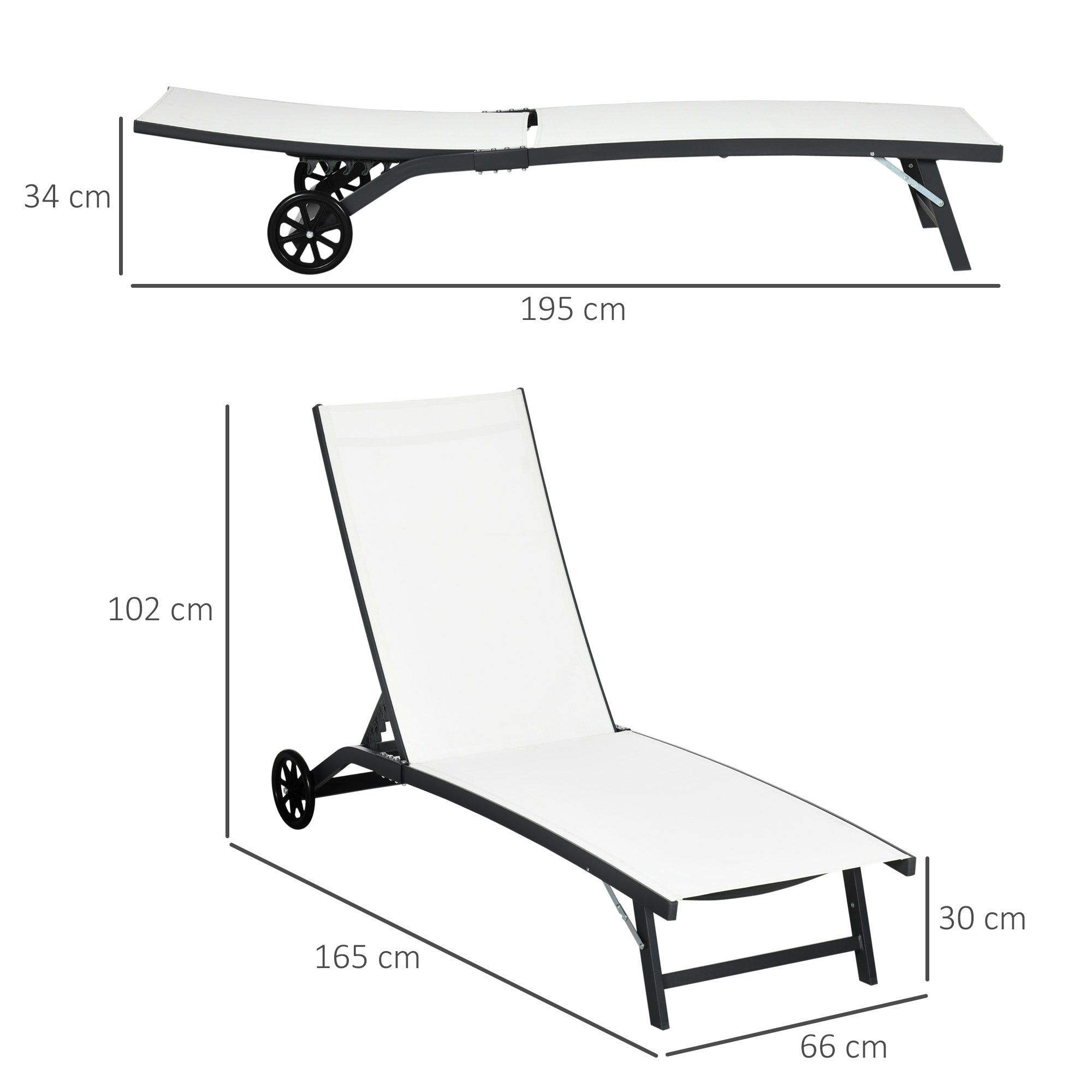 Set of 2 Garden Outdoor Loungers Reclining Aluminum Sun Loungers with 5-Level Adjustable Backrest and Wheels for Beach Pool 165x66x102 cm Matte White