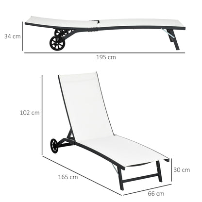 Set of 2 Garden Outdoor Loungers Reclining Aluminum Sun Loungers with 5-Level Adjustable Backrest and Wheels for Beach Pool 165x66x102 cm Matte White