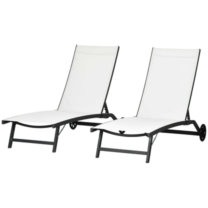 Set of 2 Garden Outdoor Loungers Reclining Aluminum Sun Loungers with 5-Level Adjustable Backrest and Wheels for Beach Pool 165x66x102 cm Matte White