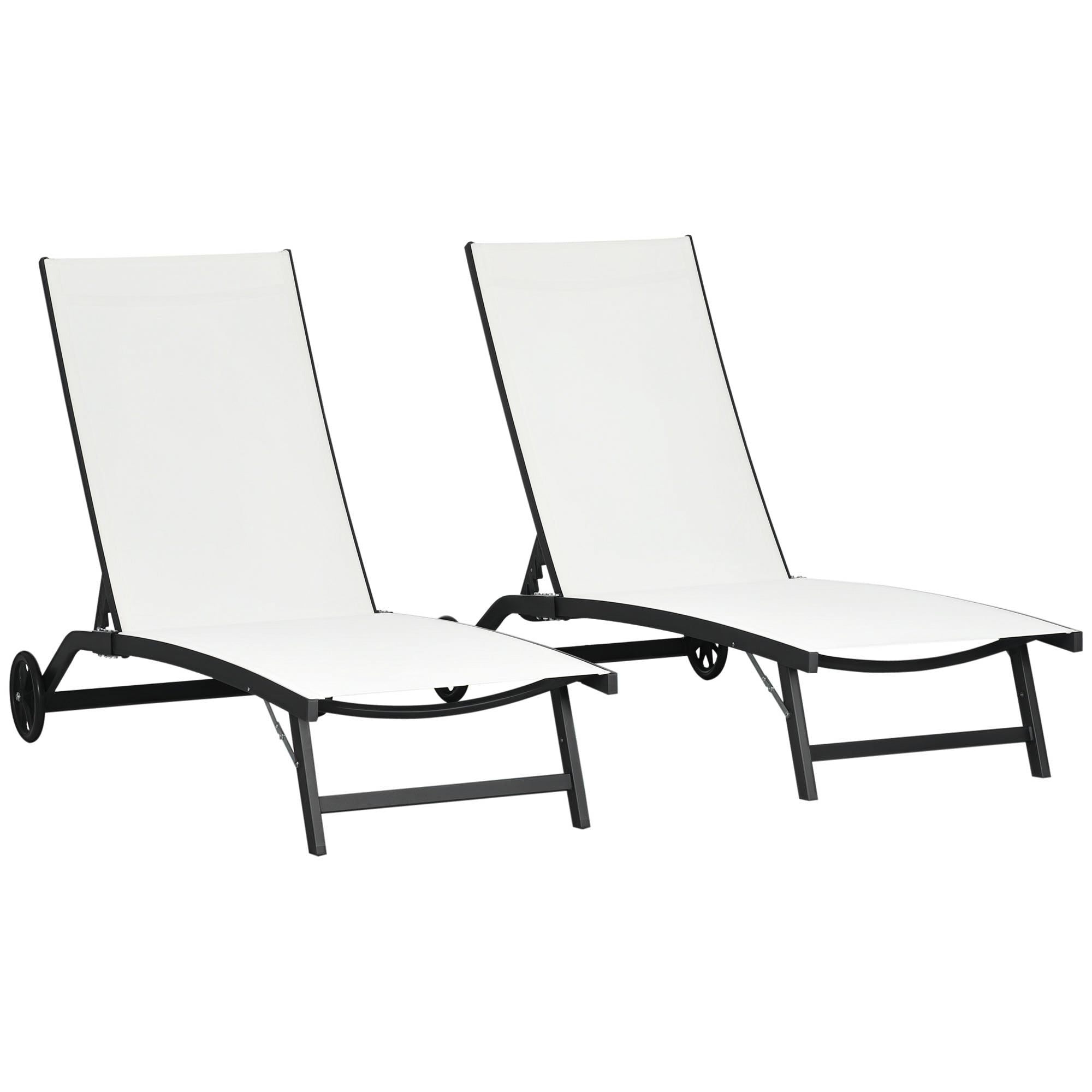 Set of 2 Garden Outdoor Loungers Reclining Aluminum Sun Loungers with 5-Level Adjustable Backrest and Wheels for Beach Pool 165x66x102 cm Matte White