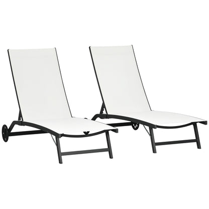 Set of 2 Garden Outdoor Loungers Reclining Aluminum Sun Loungers with 5-Level Adjustable Backrest and Wheels for Beach Pool 165x66x102 cm Matte White