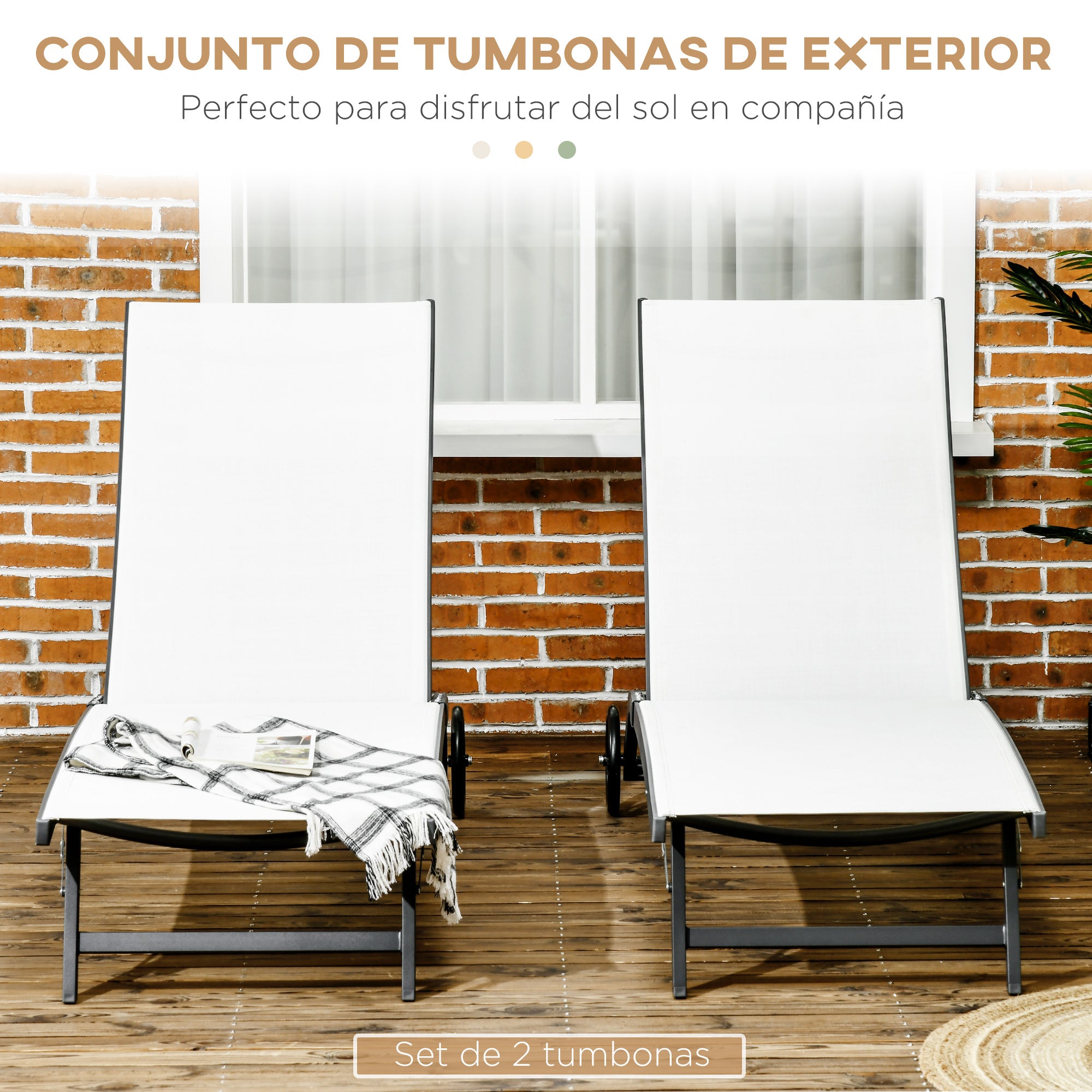 Set of 2 Garden Outdoor Loungers Reclining Aluminum Sun Loungers with 5-Level Adjustable Backrest and Wheels for Beach Pool 165x66x102 cm Matte White