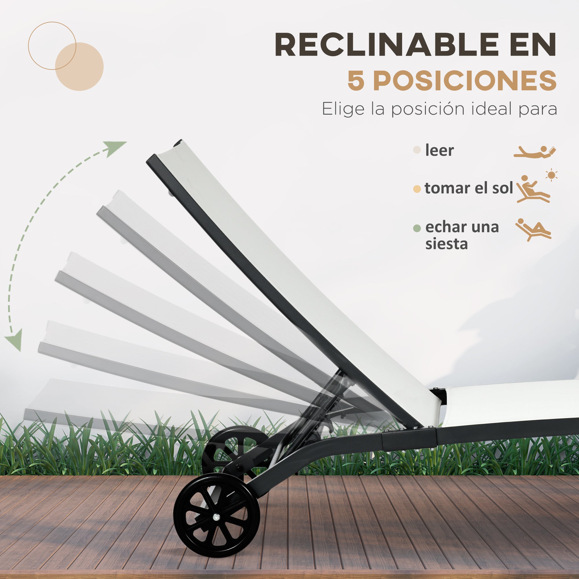 Set of 2 Garden Outdoor Loungers Reclining Aluminum Sun Loungers with 5-Level Adjustable Backrest and Wheels for Beach Pool 165x66x102 cm Matte White