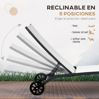 Set of 2 Garden Outdoor Loungers Reclining Aluminum Sun Loungers with 5-Level Adjustable Backrest and Wheels for Beach Pool 165x66x102 cm Matte White