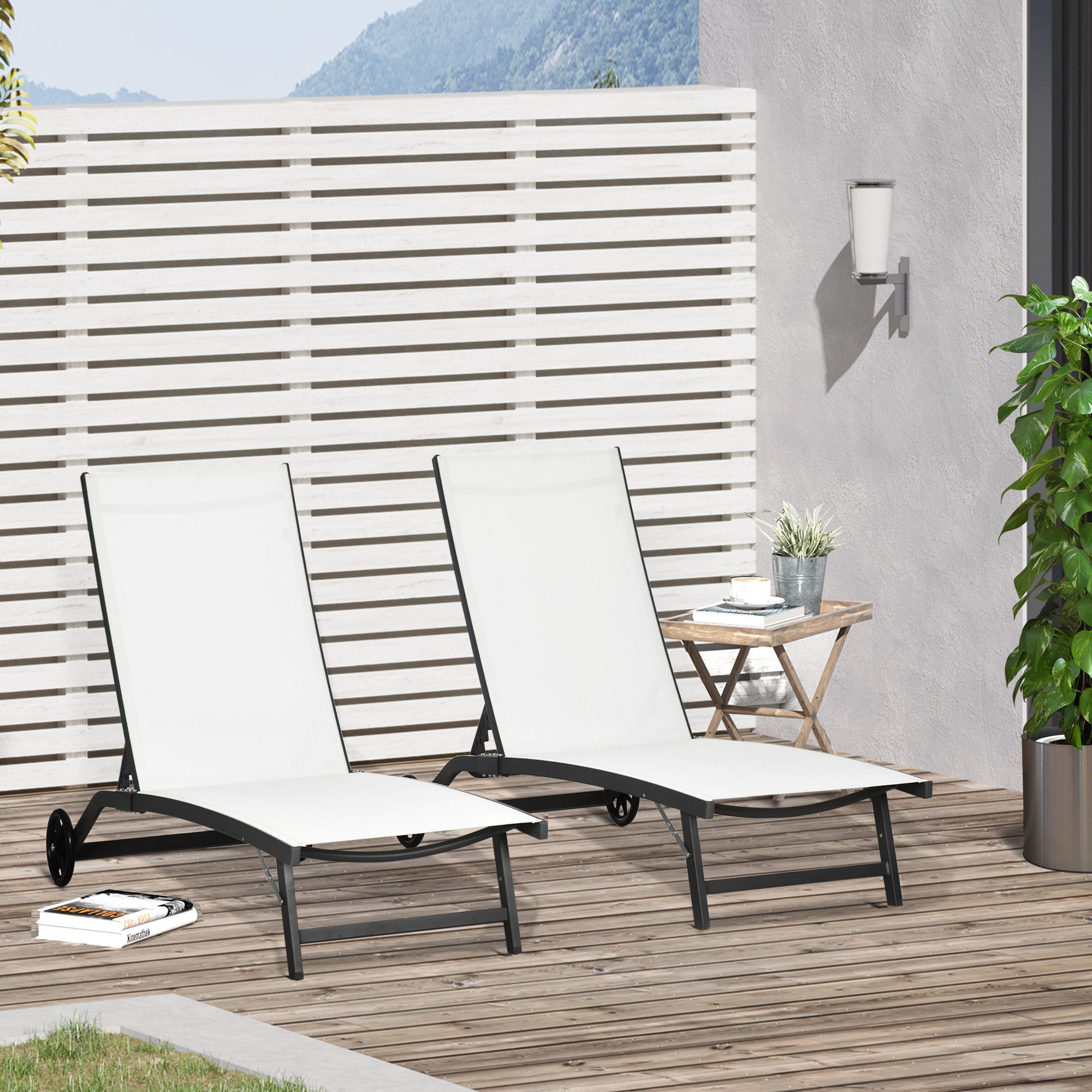 Set of 2 Garden Outdoor Loungers Reclining Aluminum Sun Loungers with 5-Level Adjustable Backrest and Wheels for Beach Pool 165x66x102 cm Matte White