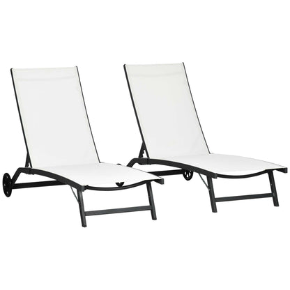 Set of 2 Garden Outdoor Loungers Reclining Aluminum Sun Loungers with 5-Level Adjustable Backrest and Wheels for Beach Pool 165x66x102 cm Matte White