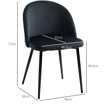 Set of 2 Black Velvet Upholstered Scandinavian Kitchen Dining Chairs with Tapered Metal Legs for Living Room Dining Room