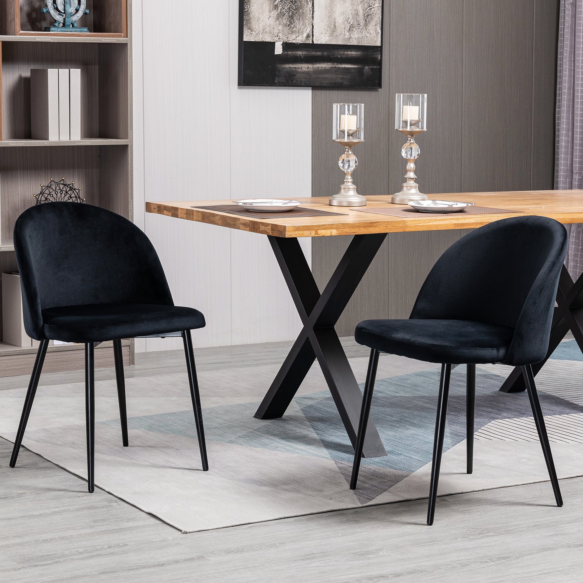 Set of 2 Black Velvet Upholstered Scandinavian Kitchen Dining Chairs with Tapered Metal Legs for Living Room Dining Room