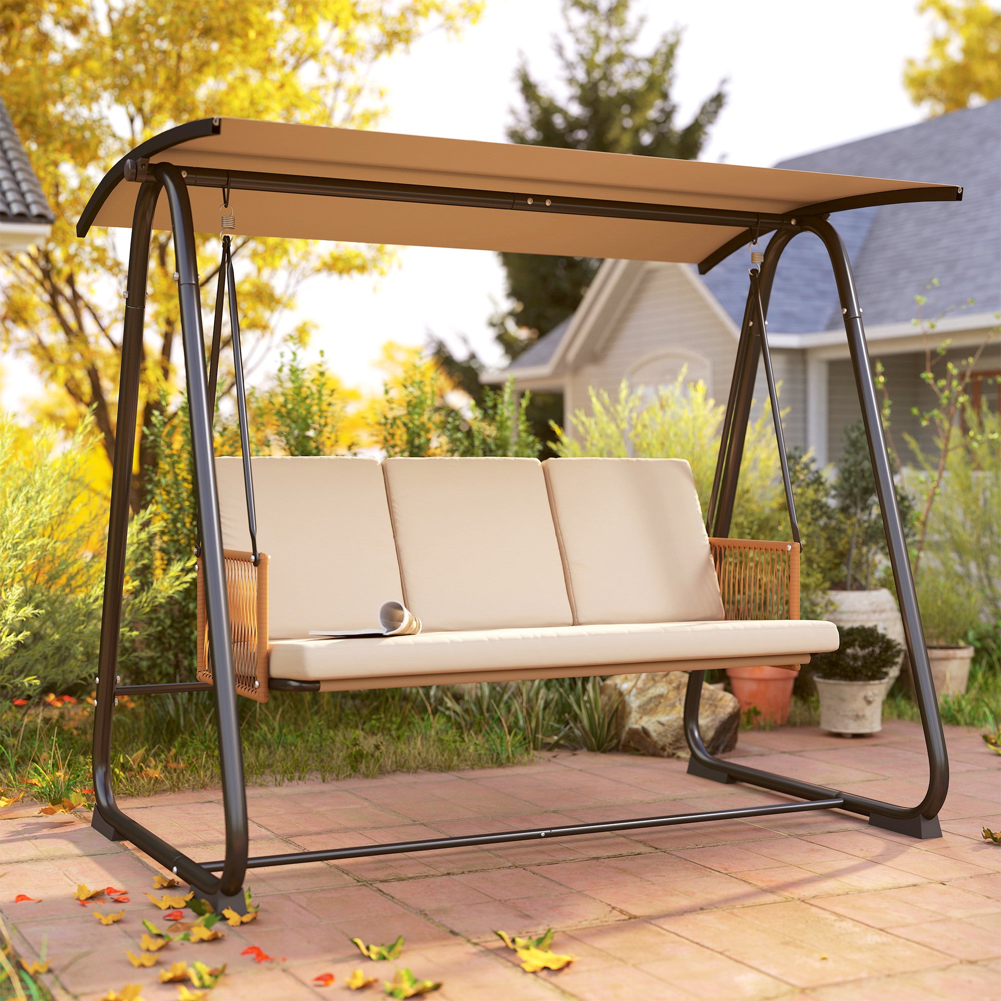 3-Seater Hollywood-Style Garden Swing with Adjustable Canopy, Removable Breathable Seat Cushion, Rattan Arms — UV30+ Protection, 794 lb Capacity, Sand