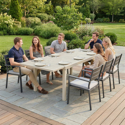 Extendable Garden Dining Table — 59.1/88.6 x 33.5 x 29.5 in (150/225 x 85 x 75 cm), Rectangular Aluminum Slatted Top, Seats 6–8, White