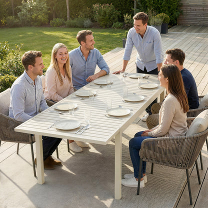 Extendable Garden Dining Table — 59.1/88.6 x 33.5 x 29.5 in (150/225 x 85 x 75 cm), Rectangular Aluminum Slatted Top, Seats 6–8, White