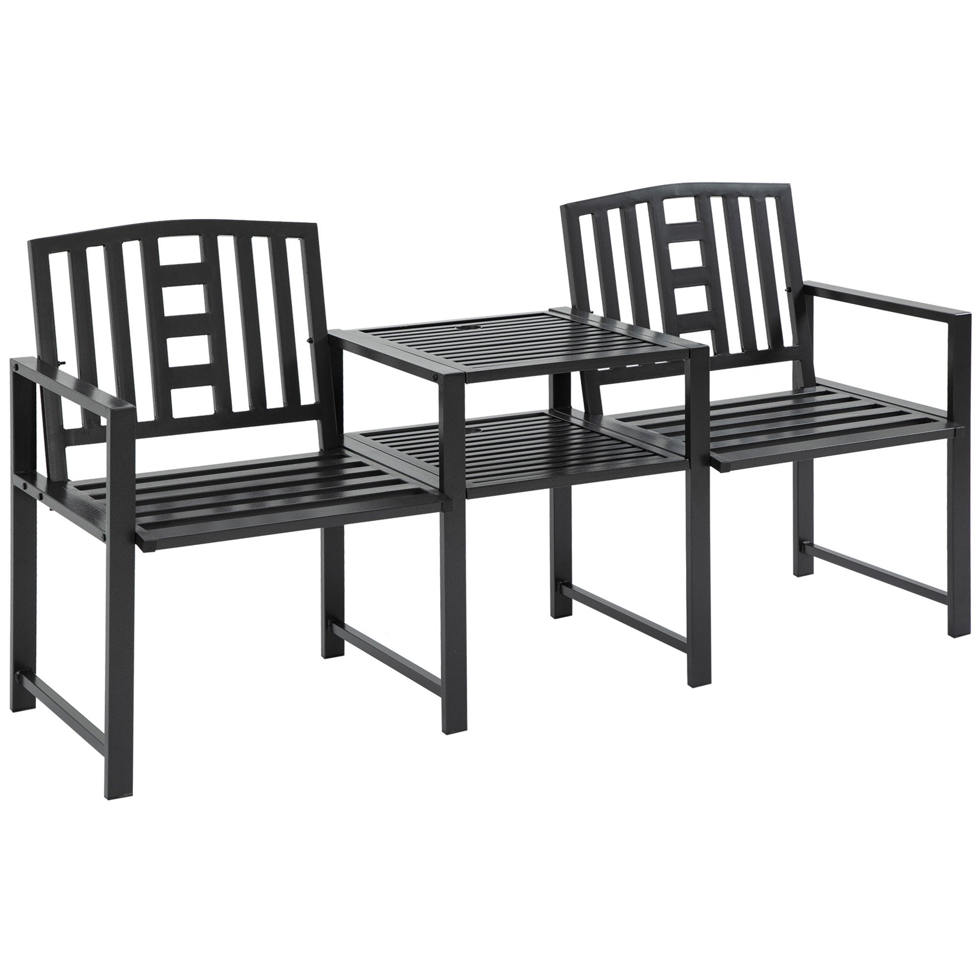Modern 2-Seater Garden Bench with Table and Umbrella Hole Outdoor Furniture 165x56x85.5cm Black