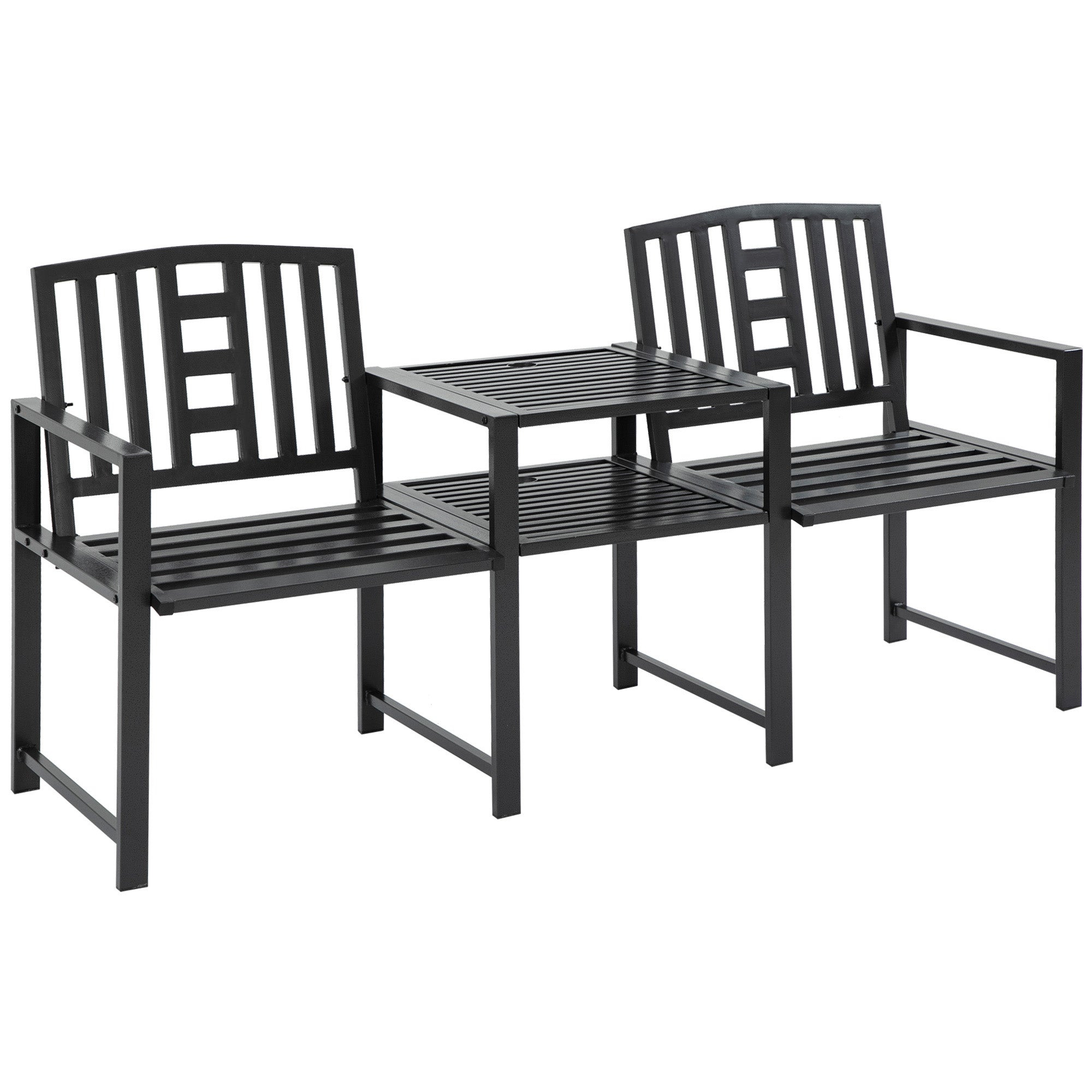 Modern 2-Seater Garden Bench with Table and Umbrella Hole Outdoor Furniture 165x56x85.5cm Black