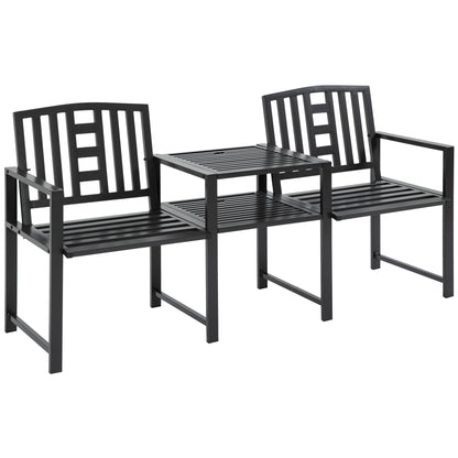 Modern 2-Seater Garden Bench with Table and Umbrella Hole Outdoor Furniture 165x56x85.5cm Black