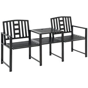 Modern 2-Seater Garden Bench with Table and Umbrella Hole Outdoor Furniture 165x56x85.5cm Black