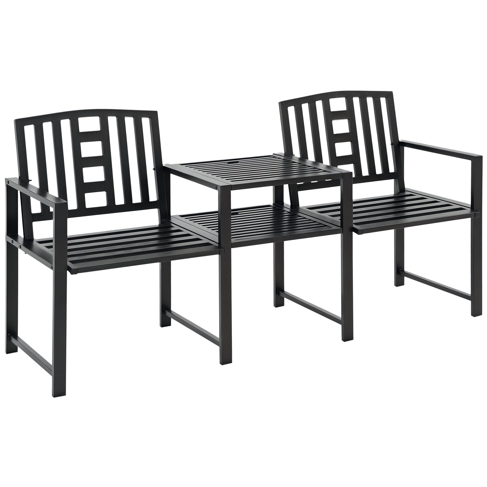 Modern 2-Seater Garden Bench with Table and Umbrella Hole Outdoor Furniture 165x56x85.5cm Black