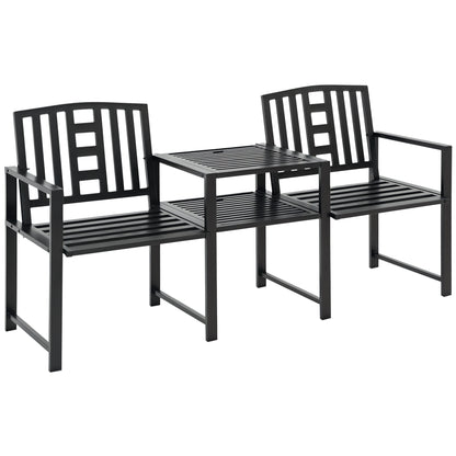 Modern 2-Seater Garden Bench with Table and Umbrella Hole Outdoor Furniture 165x56x85.5cm Black