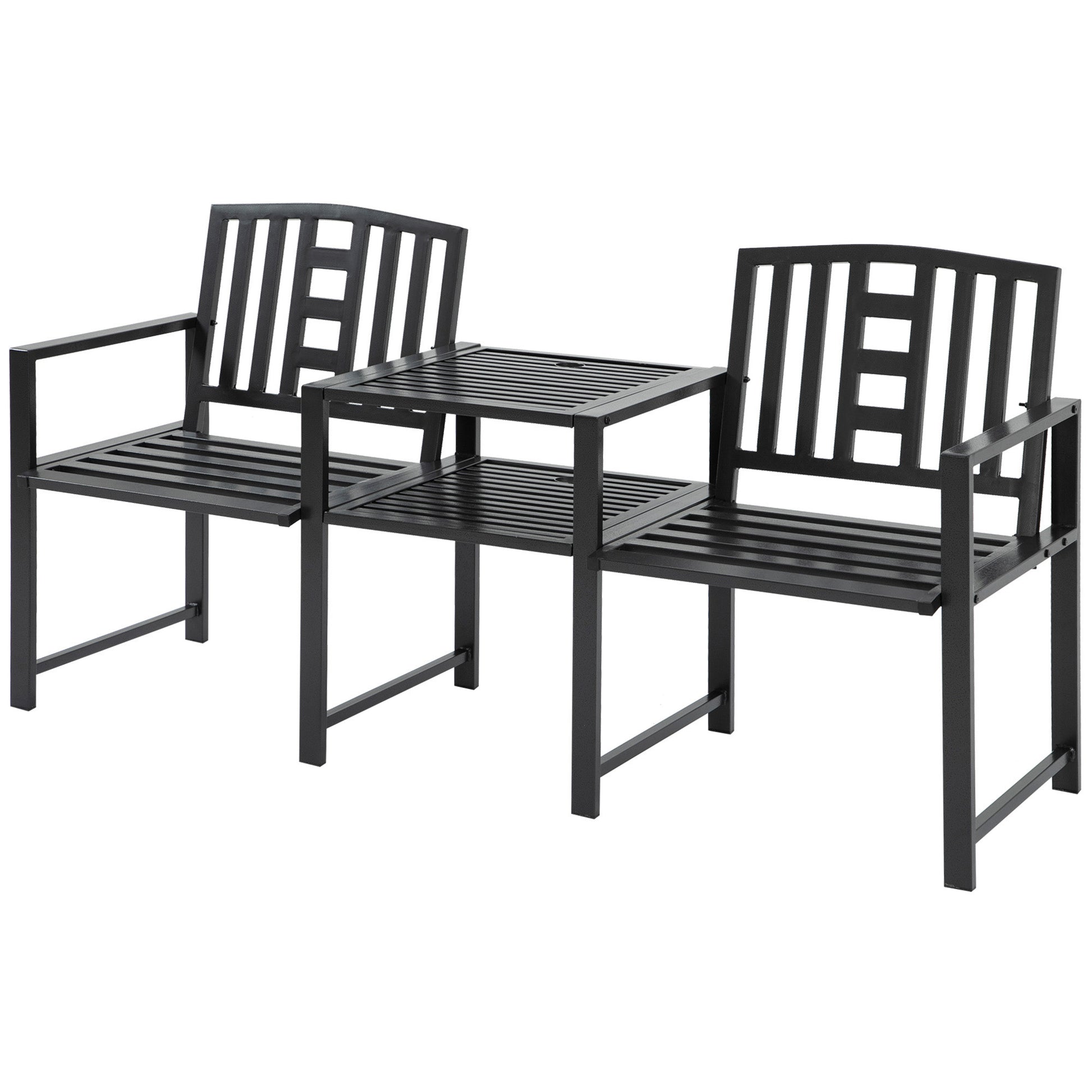 Modern 2-Seater Garden Bench with Table and Umbrella Hole Outdoor Furniture 165x56x85.5cm Black