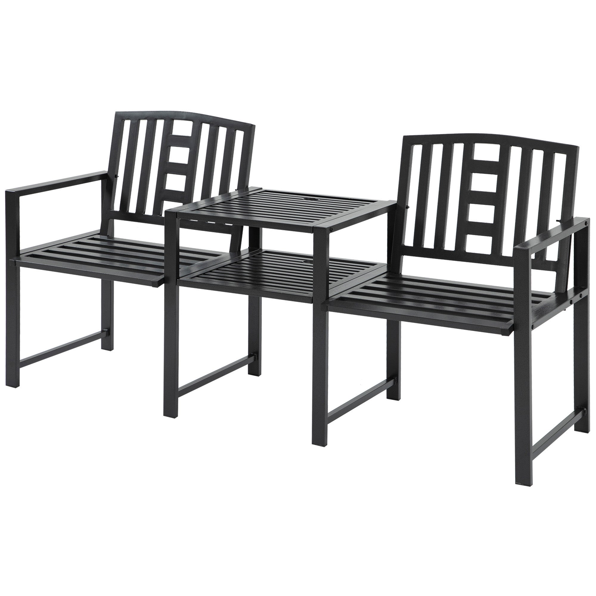 Modern 2-Seater Garden Bench with Table and Umbrella Hole Outdoor Furniture 165x56x85.5cm Black