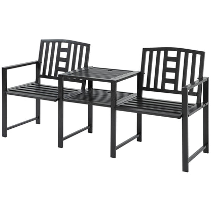 Modern 2-Seater Garden Bench with Table and Umbrella Hole Outdoor Furniture 165x56x85.5cm Black