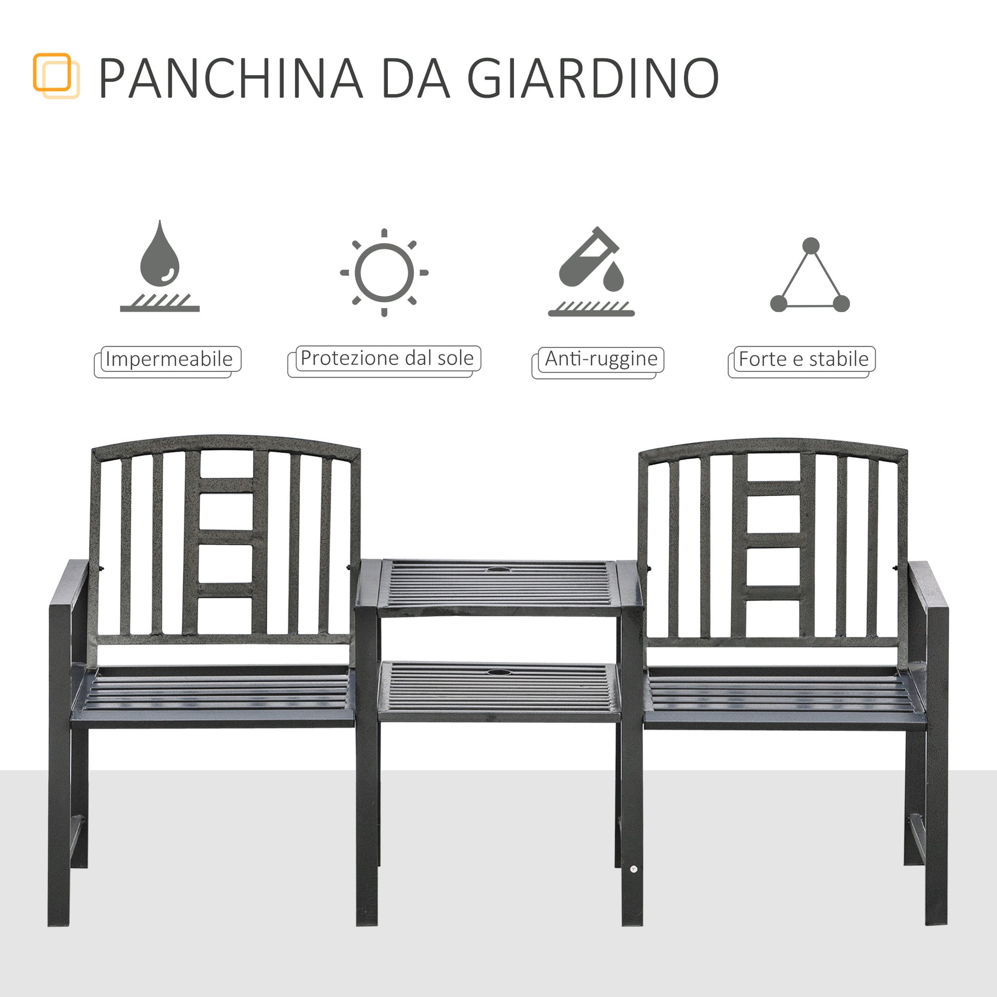 Modern 2-Seater Garden Bench with Table and Umbrella Hole Outdoor Furniture 165x56x85.5cm Black