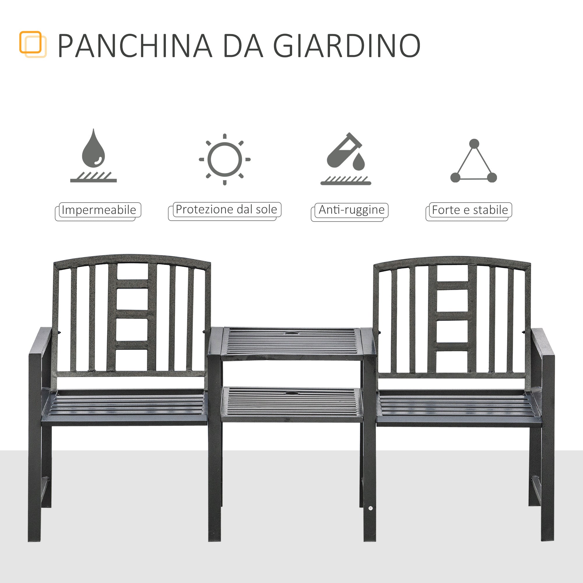Modern 2-Seater Garden Bench with Table and Umbrella Hole Outdoor Furniture 165x56x85.5cm Black